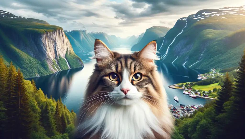 1703159601 DALL·E 2023 12 09 12.11.14 A Norwegian Forest cat in the center of the image looking directly at the camera with a wise and majestic expression. The cat should be prominently f