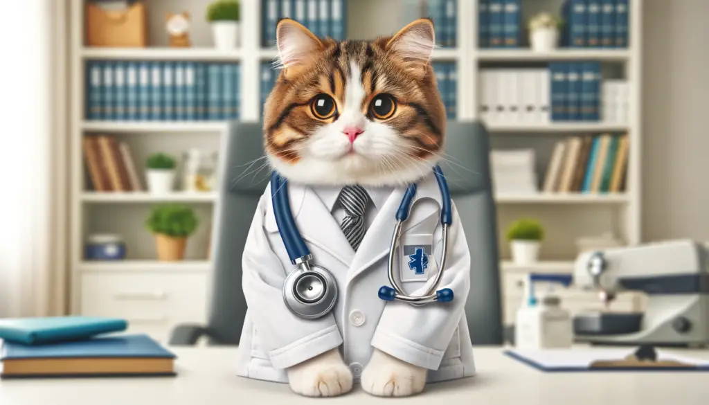 1703174019 DALL·E 2023 12 07 20.04.36 A cute cat wearing a doctors white coat with a stethoscope around its neck looking intelligent and caring. The cat is standing in a medical office